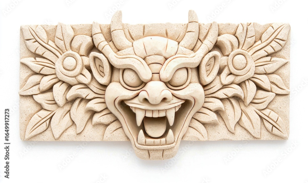 Naklejka premium A carved stone sculpture featuring a demonic face with horns and a wide, menacing grin, flanked by stylized floral designs.