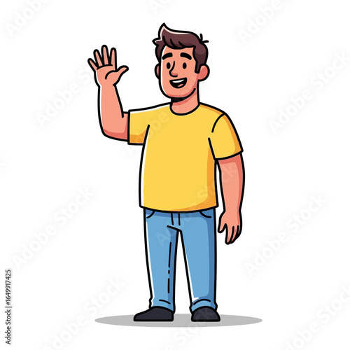 Friendly Hello: A cheerful person gives a warm wave, embodying approachability and goodwill, ideal for conveying friendly sentiments.