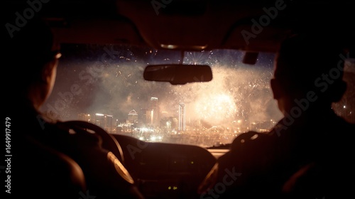 Nighttime cityscape with fireworks viewed from inside a car through the windshield