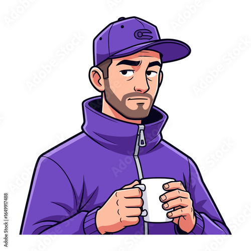 Man with Coffee: A man dressed in a casual outfit contemplates, with a cup of coffee in hand. It captures moment of pause and quiet reflection.