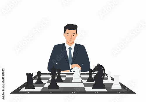 Businessman playing chess, representing strategic thinking, problem-solving, and competitive business planning with foresight and intelligence.
