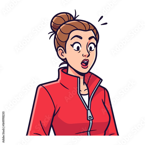 Astonished expression on women: An illustration of a woman in a red jacket with a surprised expression. Her wide eyes and open mouth convey astonishment.
