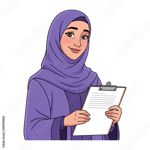 Professional in a Hijab with Clipboard: A dignified figure, elegantly draped in a hijab, holds a clipboard, exuding an air of professionalism, confidence, and capability.