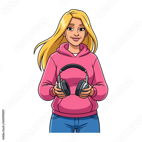 Joyful Listener: A young woman with flowing blonde hair holds a pair of headphones, embodying the joy of music with a warm, inviting smile and radiating an aura of contentment and enthusiasm.