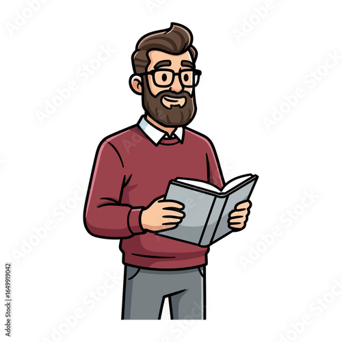 Bearded man Reading a Book: A cartoon depiction of a man engrossed in reading a book. His face framed by a full beard and spectacles