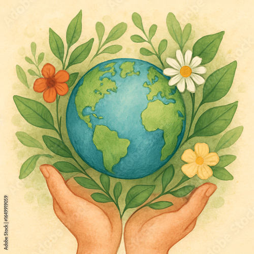 Illustration von Händen, die die Erde mit Blumen und Blättern halten