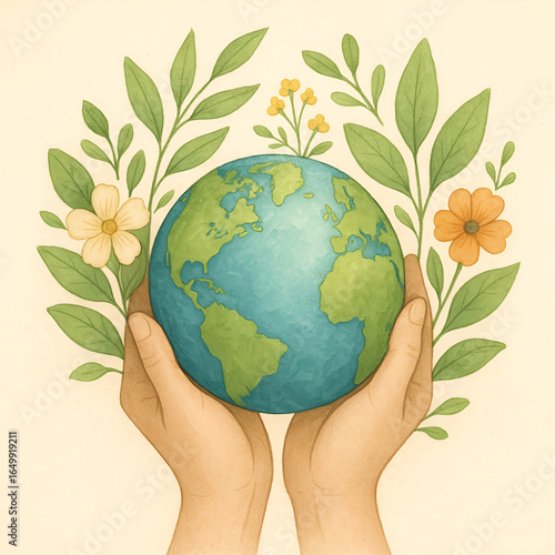 Illustration von Händen, die die Erde mit Blumen und Blättern halten