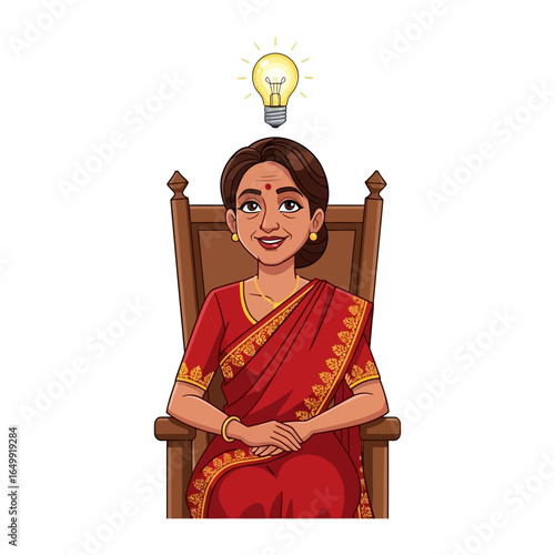 Spark of Ingenuity: A portrait of woman with Indian heritage seated in a chair, an illuminated idea bulb hovering above her head symbolizing insight.