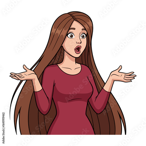 Woman’s Astonishment: The cartoon illustration depicts a woman exuding surprise, her arms open and conveying a strong sense of disbelief in this moment. 