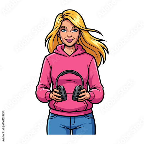 Radiant Beauty: A youthful woman, sporting flowing blond tresses and a vivacious pink hooded sweatshirt, cradles a set of modern headphones. An artful visual evoking optimism and enjoyment.