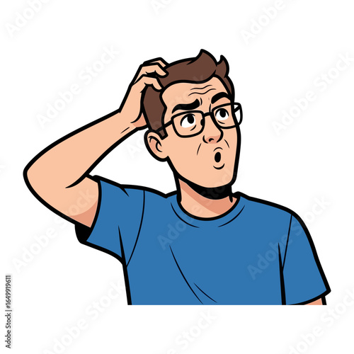 Man in Doubt: A man in glasses scratches his head, a universal symbol of thought, uncertainty, or confusion. His expression hints at a problem needing solution or a difficult decision.