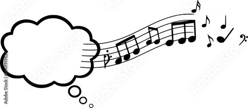 Melody in Thoughts: A symbolic representation of musical ideas, showcasing musical note motifs emerging from a thought bubble, creatively visualized in black and white.