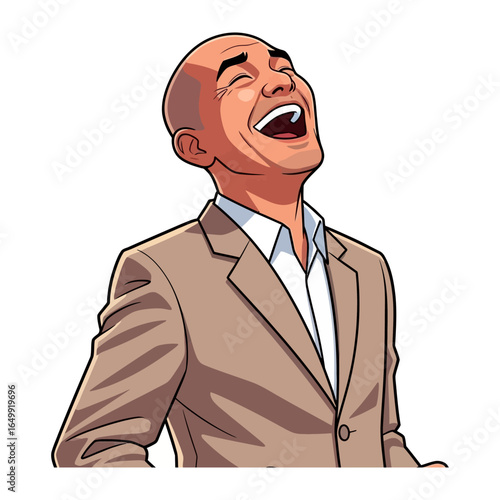 Joyful Expression: A portrait of pure delight! A bald man beams with unrestrained laughter, radiating infectious happiness and positivity, wearing a formal suit.