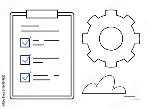 Clipboard with checklist, gear symbolizing system optimization, and cloud for digital technology. Ideal for productivity, project planning, workflow, organization, automation, strategy
