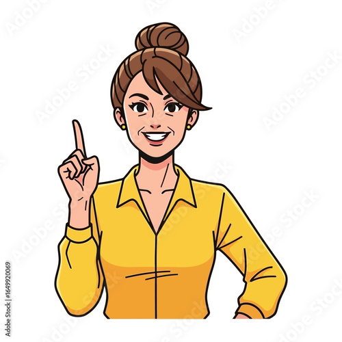 Confident Woman with a Solution: A dynamic portrayal of a woman in a smart yellow shirt with her index finger raised.