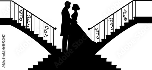 Silhouette of Serenity: A refined couple, enveloped in an aura of elegance and romance, stands in graceful silhouette against a backdrop of grand stairs. 