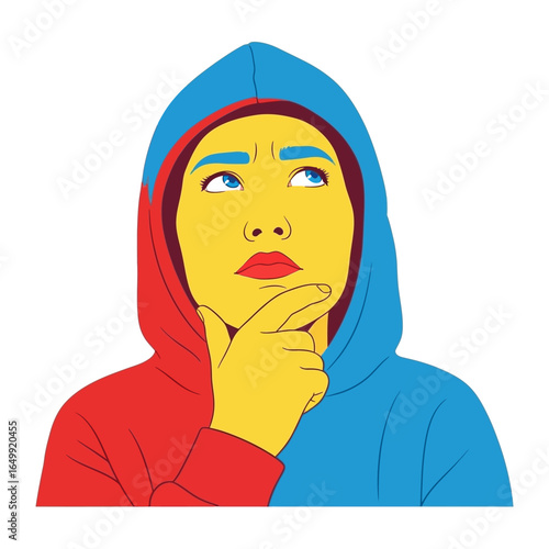 Contemplative Portrait: A person with a thoughtful expression, dressed in a vibrant hooded sweatshirt, gazes upward in deep contemplation.