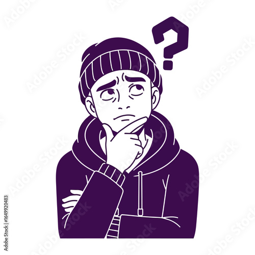 Contemplative Young Man: A thoughtful young man is depicted with a prominent question mark, highlighting his state of mind, which is contemplation and confusion.