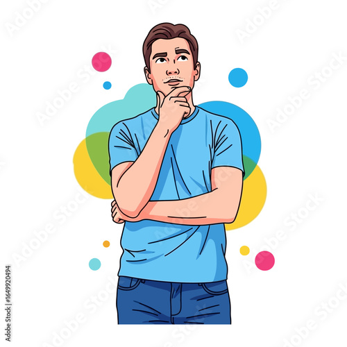 Contemplative Man: A man stands deep in thought, hand to chin, against a backdrop of colorful, abstract shapes, evoking the mystery of ideas. 