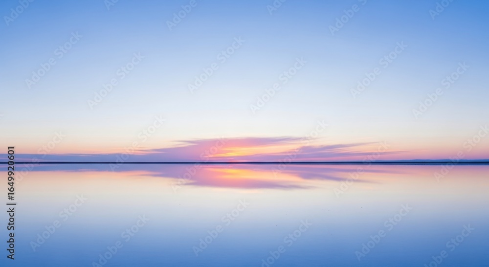Fototapeta premium Calm water surface reflecting sky at dawn with soft light and horizon view