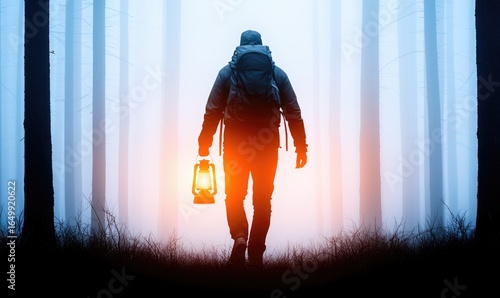 A lone figure walks through a misty forest at dawn, carrying a lantern
