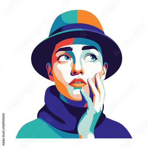 Woman's Contemplation: A vibrant pop art portrait of a thoughtful woman adorned with a stylish hat, lost in contemplation with an expression of curiosity and wonder.