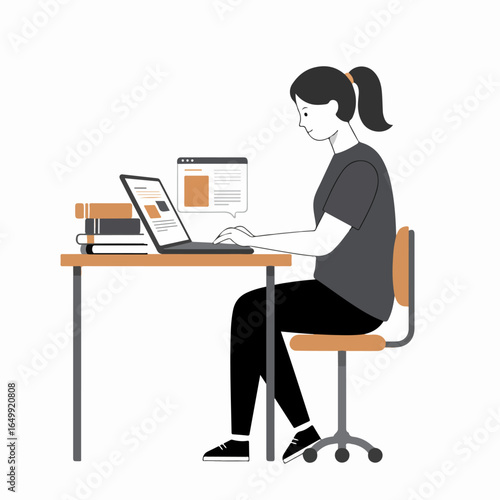 Young woman working on laptop at desk with books. Remote learning, online education, and digital work concept illustration.
