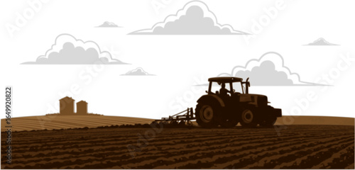 Rural Scene: Tractor Plowing Fields: A stylized silhouette of a tractor navigates a vast agricultural landscape, meticulously tilling the soil with a pair of structures and fluffy clouds overhead.