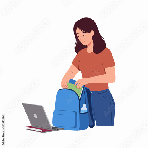 Young woman packing her backpack with books and laptop, ready for school or college studies.