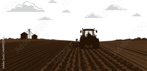 Rural Scene: Tractor Plowing Fields: A stylized silhouette of a tractor navigates a vast agricultural landscape, meticulously tilling the soil with a pair of structures and fluffy clouds overhead.