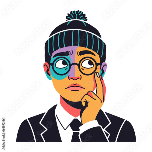Doubtful Contemplation: This eye-level shot captures an individual, deep in thought, gazing upwards with a furrowed brow and thoughtful expression.