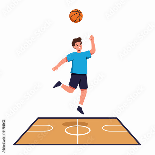 Energetic boy playing basketball, reaching for the ball mid-air on a stylized court, symbolizing sport, activity, and healthy lifestyle.