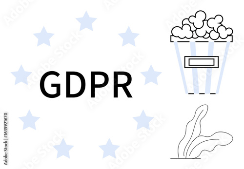 Text GDPR surrounded by stars, striped popcorn box, organic leaf shapes. Ideal for privacy, data protection, compliance, policy, consent simplicity modern law. Minimalistic flat metaphor