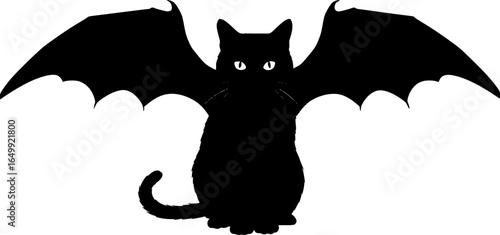 Mysterious Feline with Wings: A captivating black cat with bat-like wings and piercing eyes sits in a stark monochrome illustration, exuding an aura of intrigue and subtle darkness. 