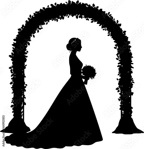 Serene Silhouette: A radiant bride stands before a breathtaking floral arch, embodying elegance and anticipation, with a design as timeless as the promise of forever.