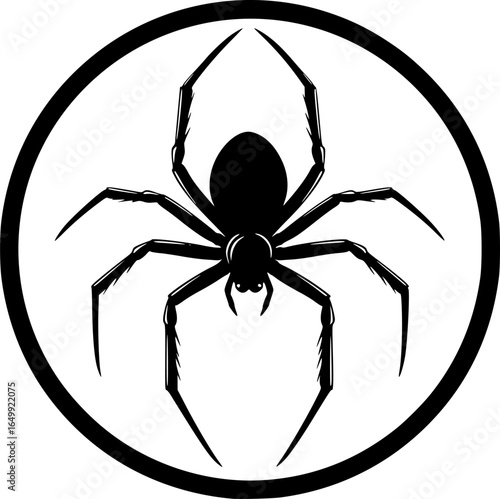 Intriguing Spider Icon: A striking, high-contrast illustration of a spider emblem, presented in a circular design, with a focus on intricate details.
