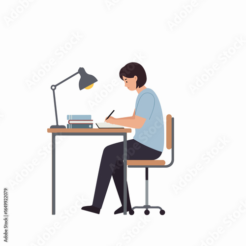 Focused person studying at a desk with a lamp and books, diligently writing in a notebook, ideal for education and learning concepts.