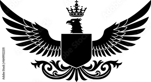 Royal Crest of the Emblem: An intricate emblem features a crowned bird, elegantly designed with stylized wings and ornamental flourishes, symbolizing nobility and heritage. 