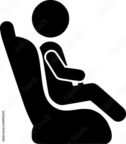Child in Car Seat Icon: A simple yet effective black icon depicting a child securely seated in a car seat, emphasizing safety and protection.