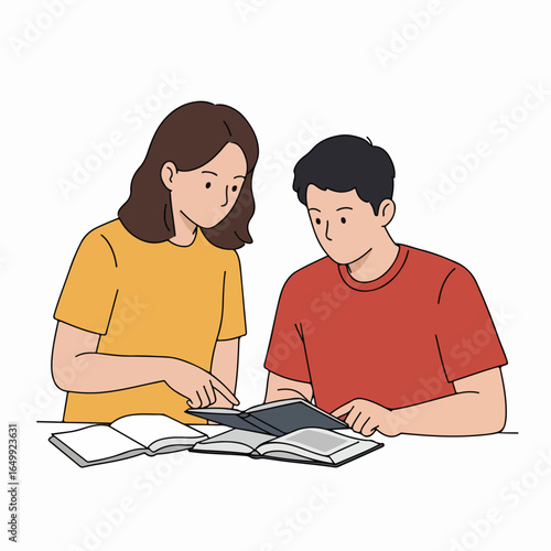 Two young people studying together, collaborating on a project with open books, illustrating teamwork and academic learning.