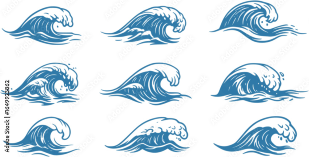 Fototapeta premium Water wave line art set. Wave beach vector symbol or logo design collection. Abstract water waves see blue vector design elements.