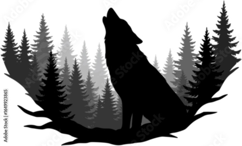 A wolf howling in a dense forest with tall trees vector animal silhouette