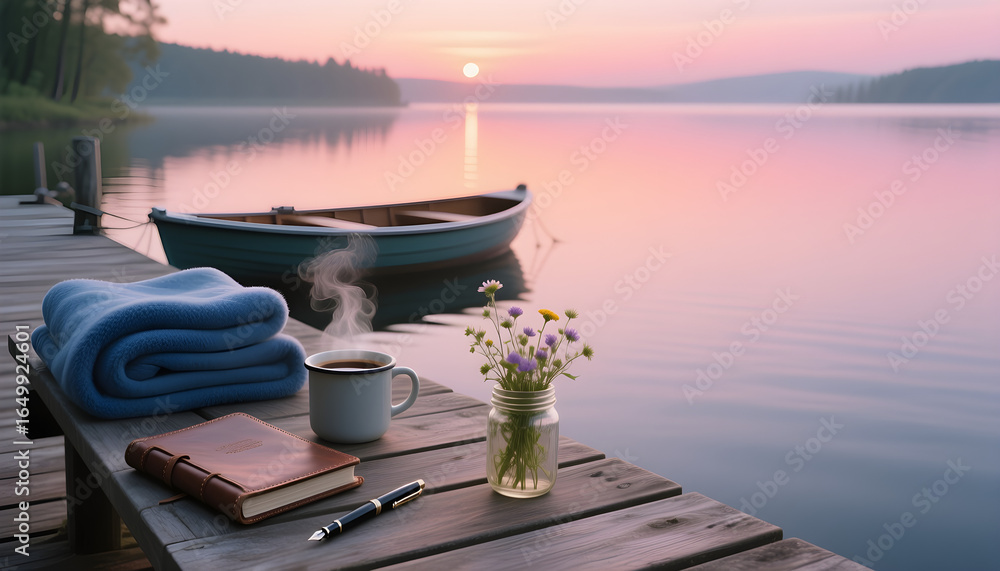 Obraz premium Cozy morning by the lake with coffee, blanket, and flowers