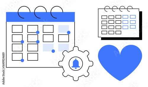 Calendar with date markers, notification gear, heart, and mini calendar, representing time management, planning, efficiency, reminders, productivity prioritization and simple landing page