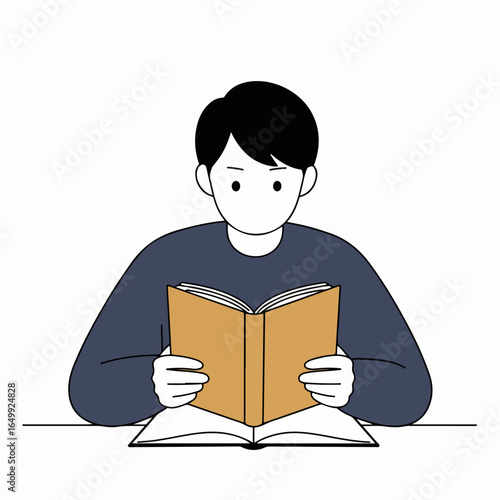 Minimalist illustration of a person reading and studying books at a desk, symbolizing learning, education, and academic pursuit.