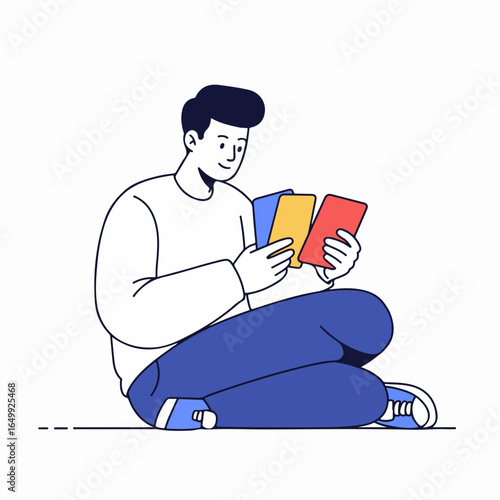 Illustration of a happy man sitting on the floor, deeply engaged with colorful cards, representing leisure, education, or content consumption.