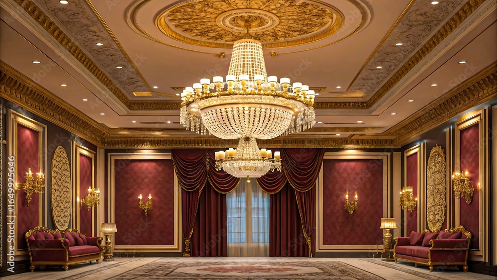 Obraz premium Luxurious ornate ballroom interior with grand chandelier, elegant gold accents, red velvet curtains, and classic royal design for upscale event and celebration
