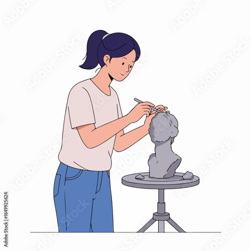 Young woman sculpting a bust out of clay with a tool, engaged in creative art.