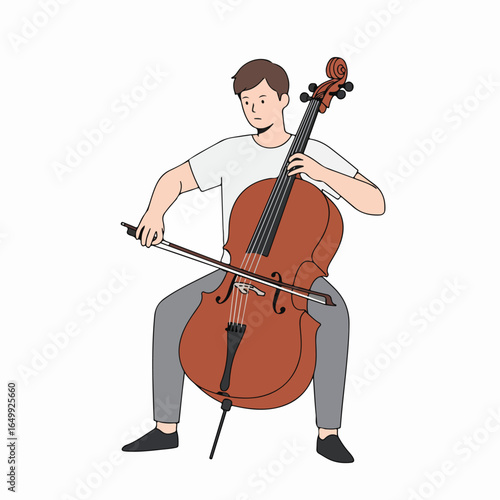 Young man playing a cello, depicting classical music performance or practice with a string instrument, in a clean flat illustration style.