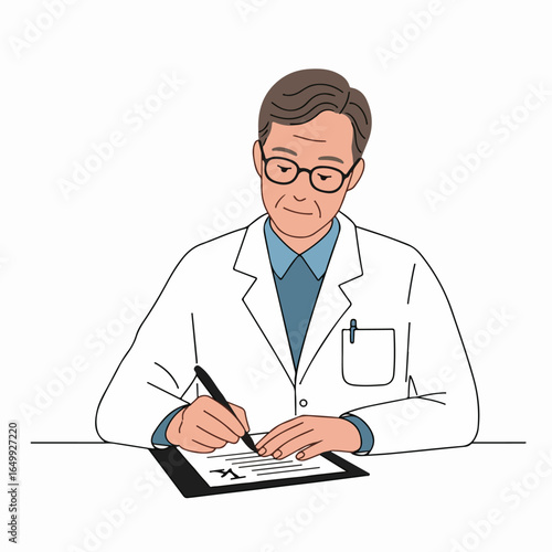 A doctor wearing a white lab coat and glasses, diligently writing a medical prescription at his desk. This illustration depicts healthcare, medicine, and professional medical advice.
